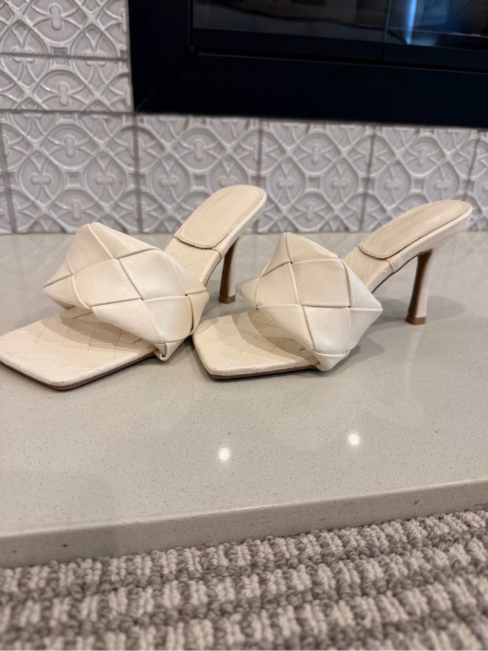 Women's Cream Quilted High-Heel Slide Sandals